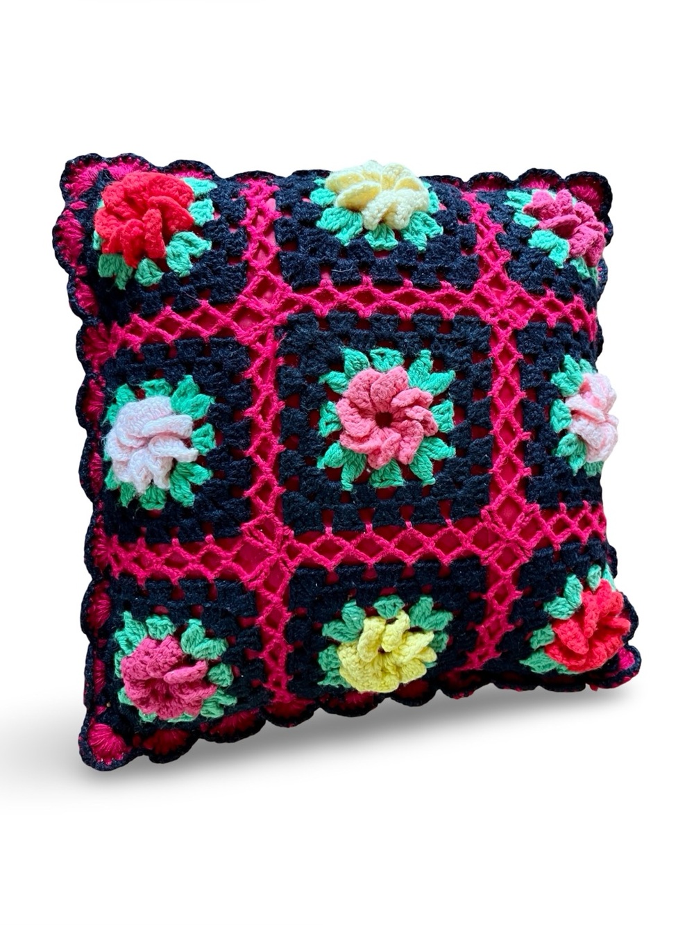 Vintage Crochet Pillow 15x15 3D Floral Granny Square Black Hot Pink Red